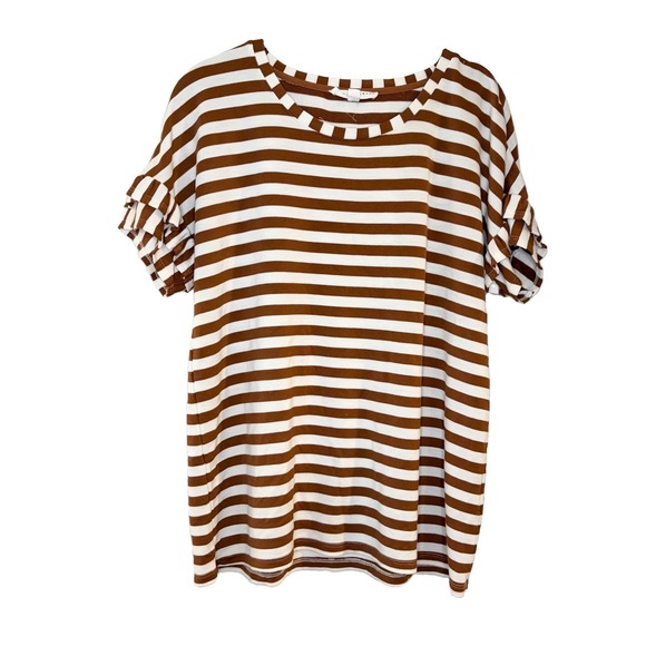 Jane + Delancey Tops - Jane + Delancey Brown Stripe Top Women's M Ruffle Short Sleeve Crew Neck Coastal